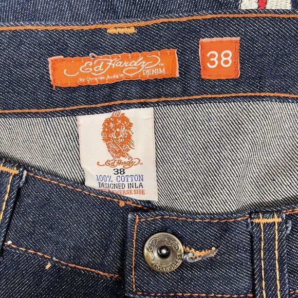 Ed Hardy Y2K Mens 38 Button Fly Wide Leg Jean 16" Shorts Embroidered Eagle Skull - Picture 4 of 12